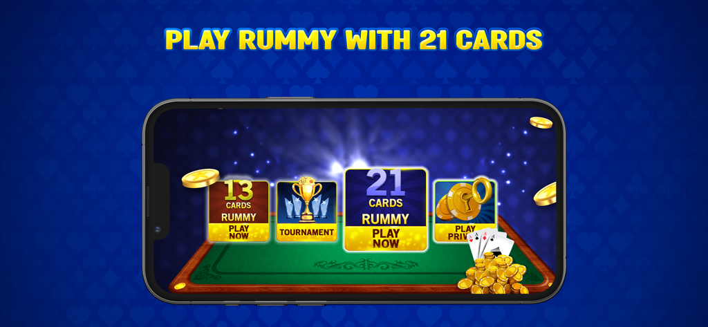 Octro Indian Rummy - A smartphone showing the Octro Indian Rummy game menu with the 21 cards mode highlighted along with 13 cards and tournament options
