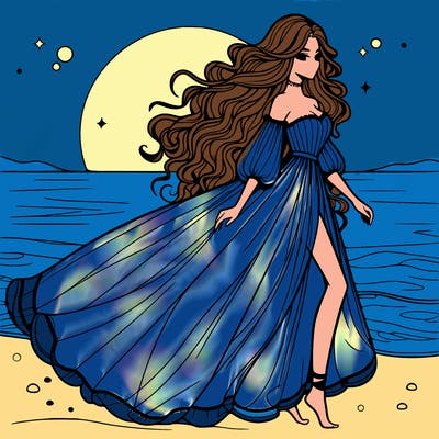 beautiful woman with a vaporous long dress walking on the beach at the noon, detailed art
