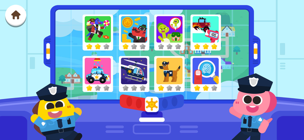 Cocobi World 1 - Cocobi characters dressed as police officers in front of a mission selection screen with various mini-games