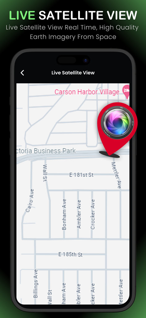 Live Earth Map - Online Camera - A smartphone screen showing a live satellite map with a red camera pin over a street map view.
