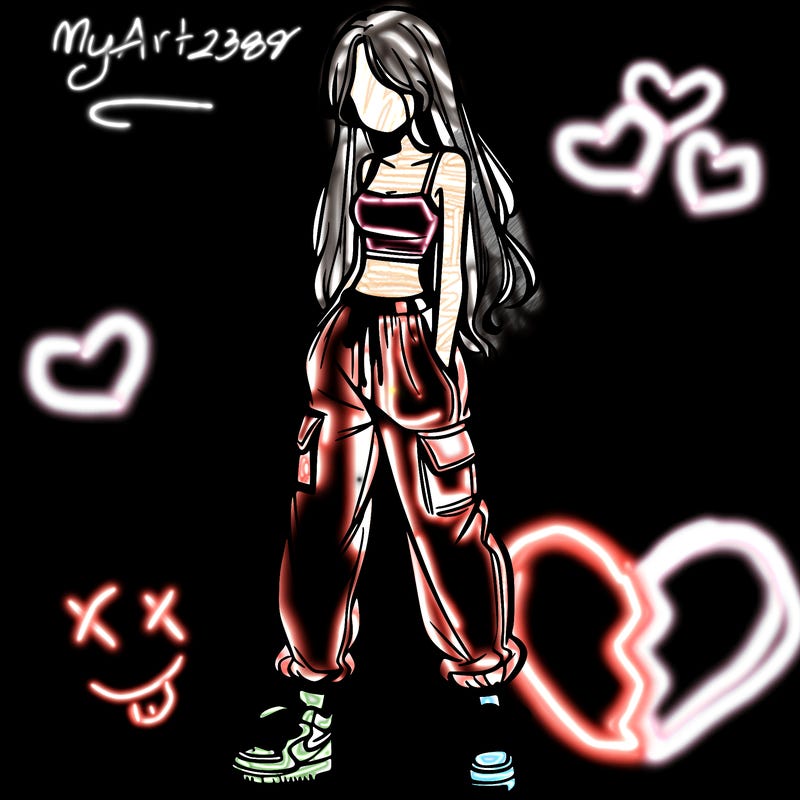 girl in baggy pants crop top and long hair