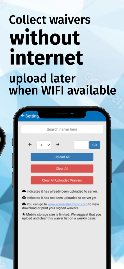 WaiverElectronic-Online Waiver - Screenshot dell'app WaiverElectronic che mostra le impostazioni di raccolta e caricamento delle liberatorie offline