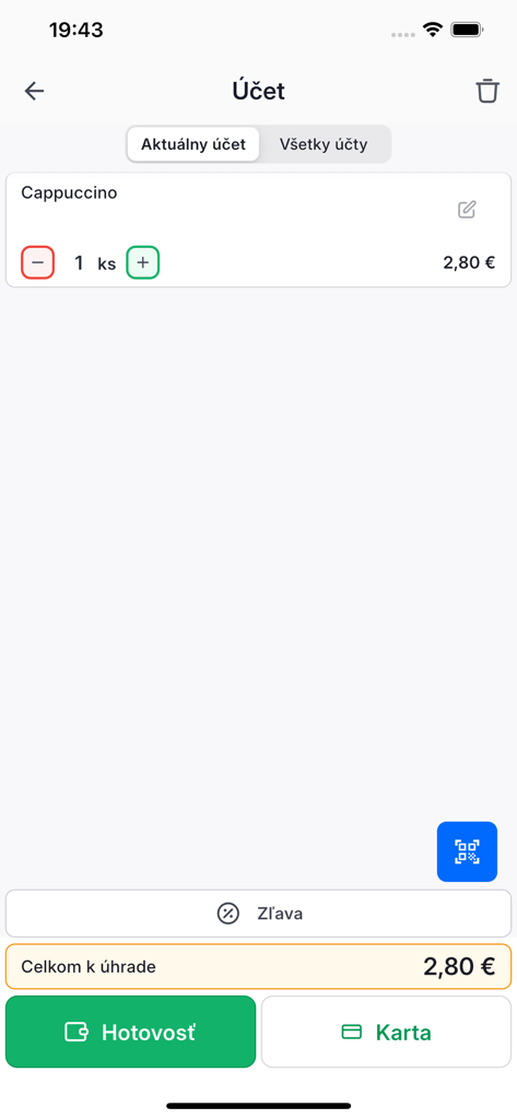 EasyKasa - EasyKasa checkout screen for a cappuccino order with cash and card options