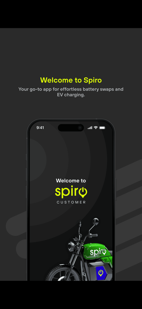 Spiro Connect welcome screen showing an electric motorcycle and information for battery swaps and EV charging.
