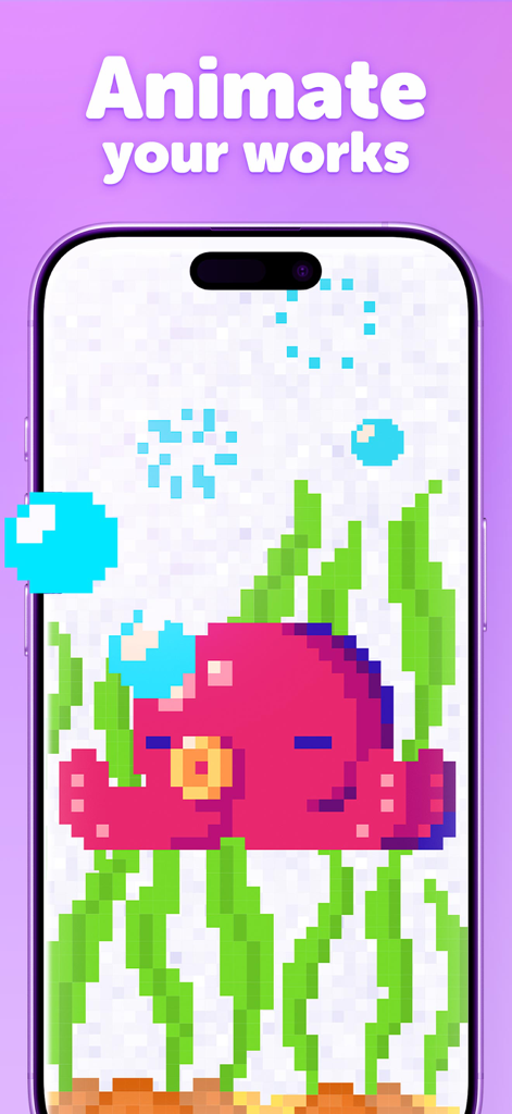 An iPhone screen displaying an animated pixel art octopus from the Unicorn coloring book app