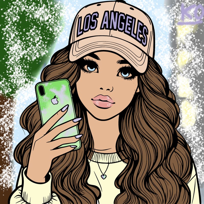 realistic beautiful girl wearing los ángeles cap holding an iphone