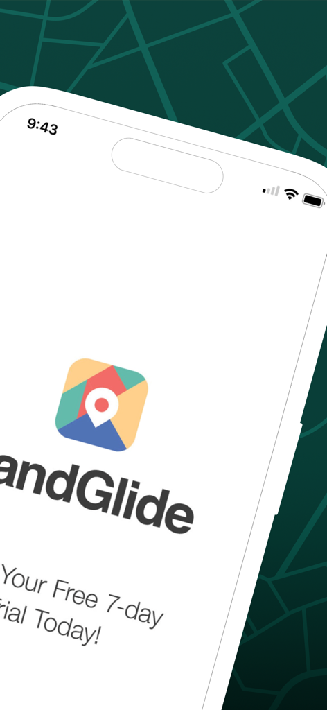 Interface de l'application LandGlide sur un smartphone affichant le logo et une offre d'essai gratuit de sept jours