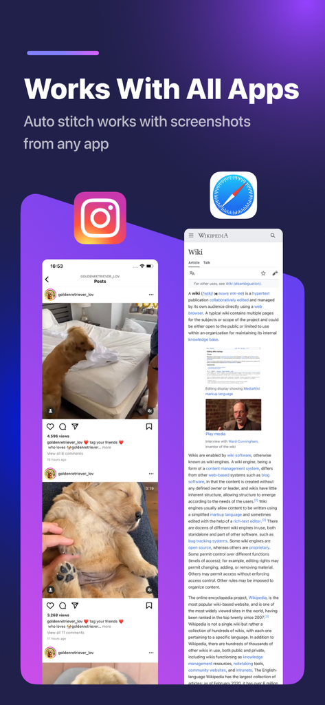 Stitch Photos - Promotional screen showing Stitch Photos working with Instagram and Safari to create long screenshots.