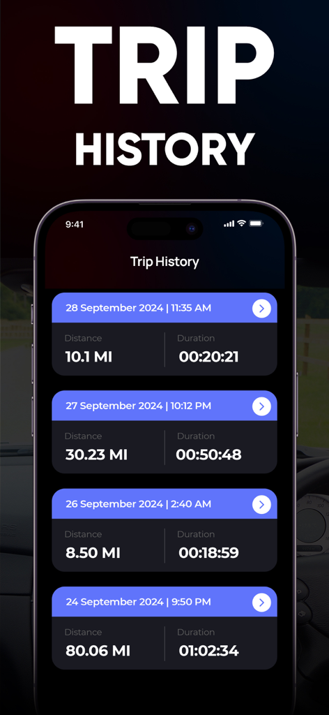 GPS Speedometer- Speed Tracker - Um smartphone exibindo a tela de histórico de viagens do aplicativo GPS Speedometer com registros de viagem, incluindo distância em milhas e duração da viagem.