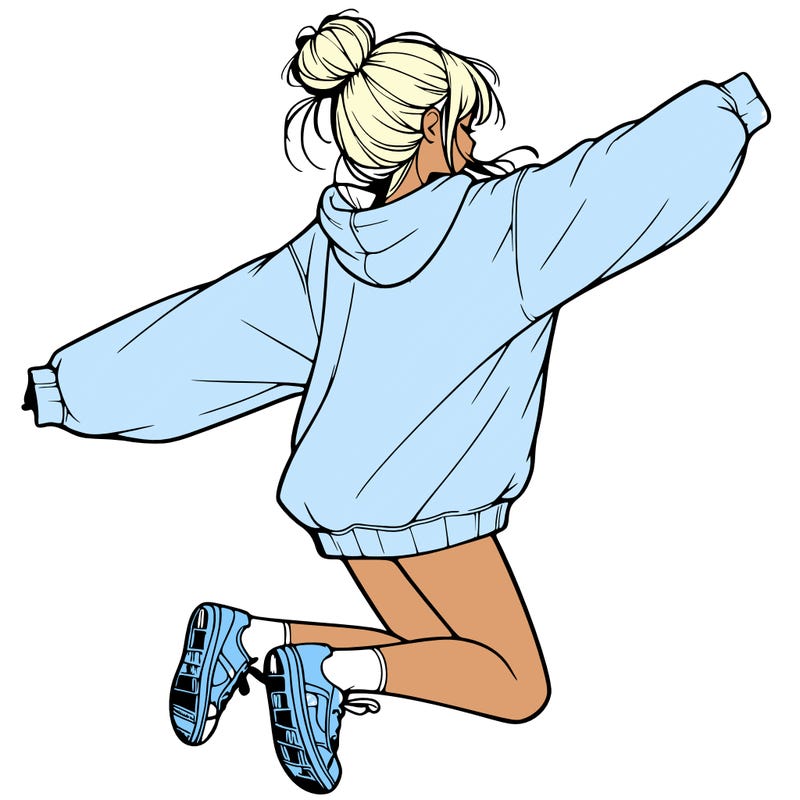 realistic girl jumping with a bun and oversized sweatshirt