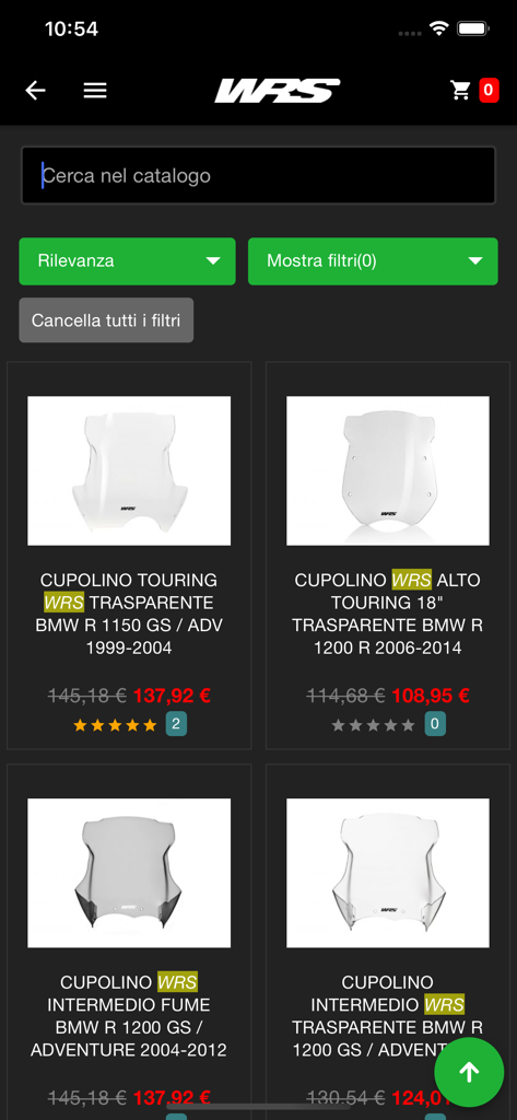 WRS Italy mobile app catalog page displaying various motorcycle windshields with prices and ratings
