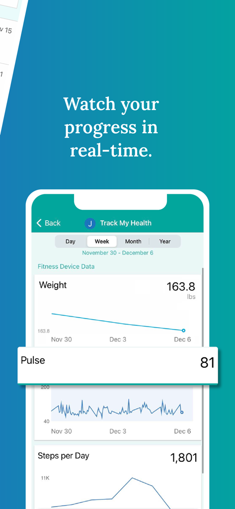 My Premise Health app tracking screen showing graphs for weight pulse and daily steps progress