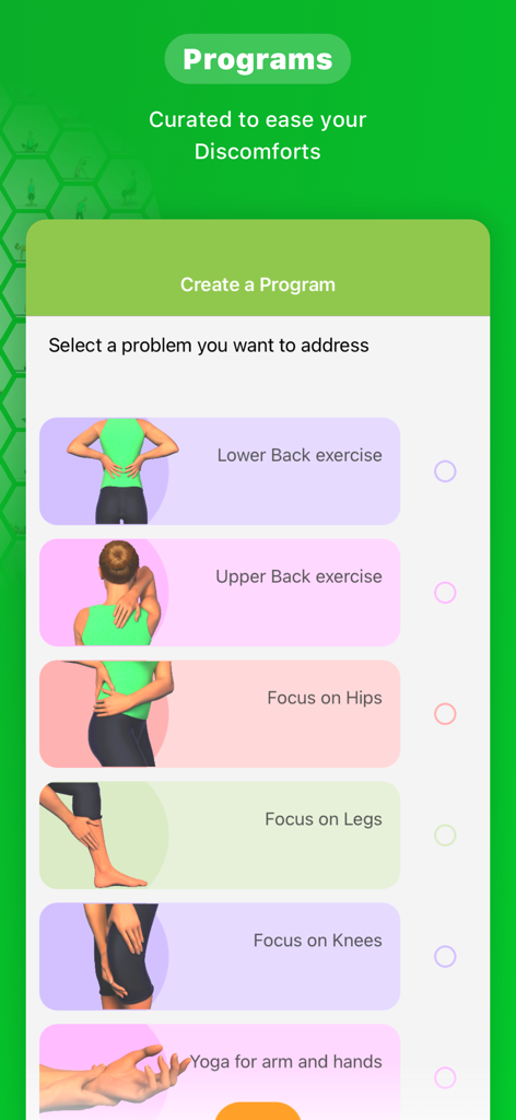 Seniors Yoga @ Graceful Aging - Interface of the Seniors Yoga app showing various exercise programs for lower back, upper back, hips, legs, and knees.