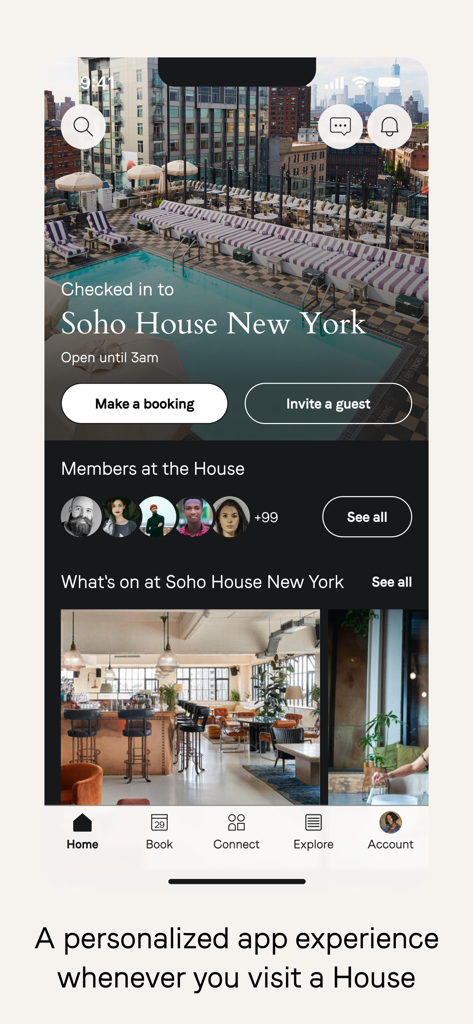 소호 하우스 뉴욕에서의 회원 체크인, 루프탑 풀 및 예약 옵션을 보여주는 소호 하우스 앱 인터페이스