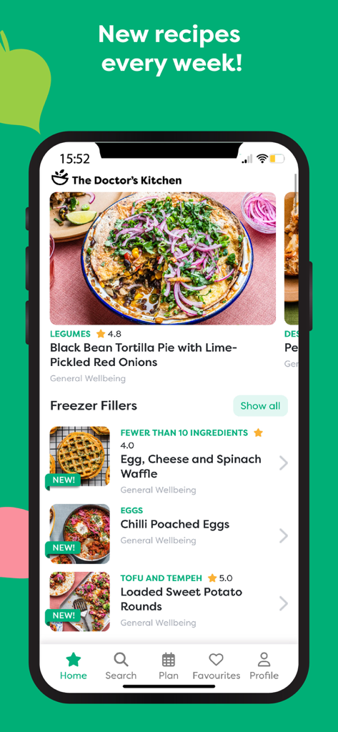 Die Benutzeroberfläche der mobilen App The Doctor's Kitchen zeigt eine Liste gesunder Rezepte, darunter Tortilla-Pie und Spinatwaffeln