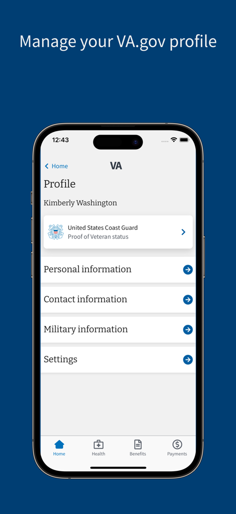 VA: Health and Benefits - A screenshot of the VA Health and Benefits app showing a veteran profile page with options to manage personal and military information