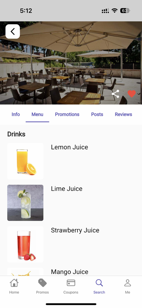 WOWme+ - WOWme 플러스 앱의 스크린샷으로 주스 선택과 파티오 헤더 이미지가 포함된 레스토랑 음료 메뉴가 표시됩니다.