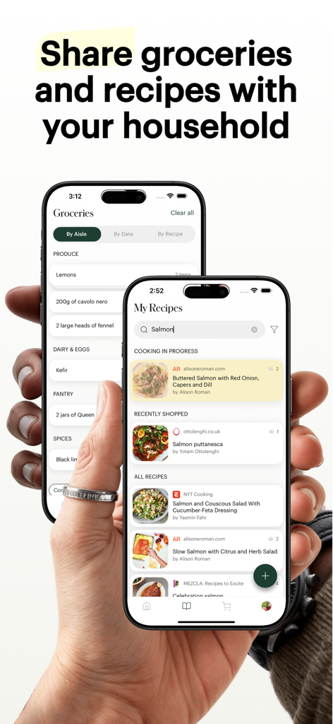 Deglaze: Cooking, Simplified - Two mobile phones showing the Deglaze app features for sharing grocery lists and recipes within a household