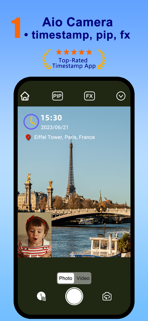 GPS timestamp camera app interface showing travel photo with location and picture in picture feature