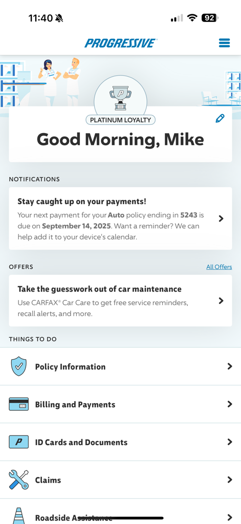 Progressive insurance mobile app home dashboard showing account loyalty status payment notifications and policy management options