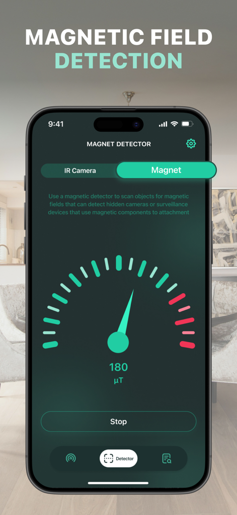 Hidden Camera Spy Bug Detector - Tela de um smartphone exibindo um medidor de detector de campo magnético do aplicativo Hidden Camera Spy Bug Detector usado para localizar dispositivos de vigilância.
