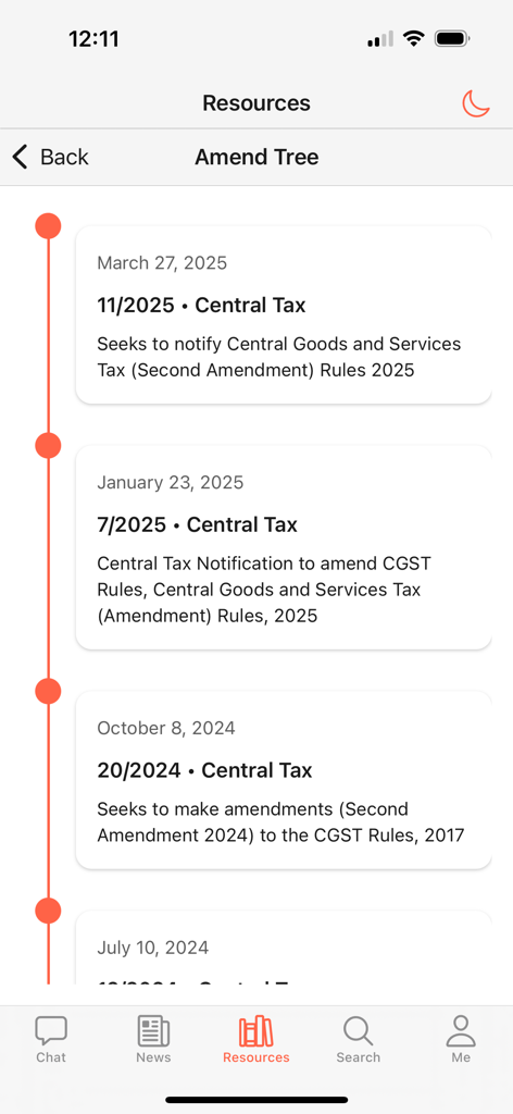 GST Press - A vertical timeline view showing historical GST Central Tax notifications and rule amendments within the app.