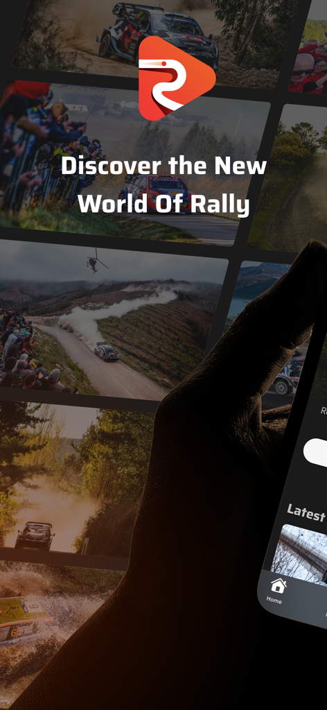 Rally TV app promotional screen featuring rally cars in action and the tagline Discover the New World of Rally