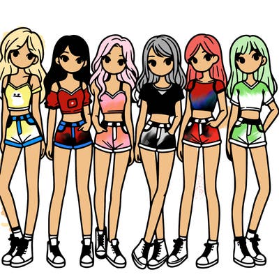 a group of girls wearing crop tops and shorts