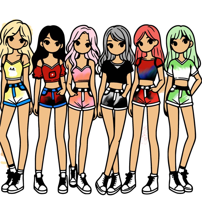 a group of girls wearing crop tops and shorts
