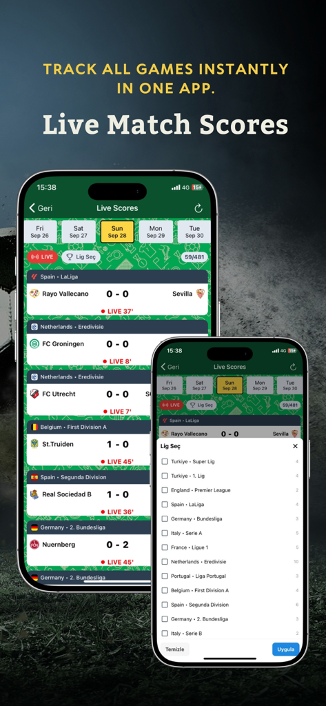 Mobile app interface showing live football match scores and league selection filters