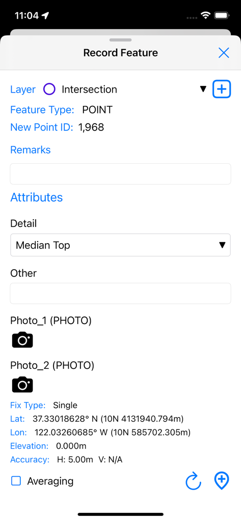 SW Maps - Interface for recording a new GIS point feature with GPS coordinates and custom attributes in SW Maps