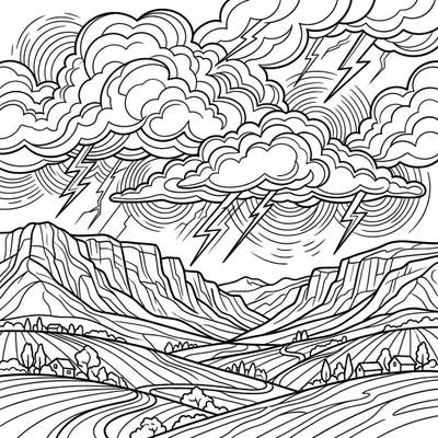Dive into the raw beauty of a thunderstorm with this engaging coloring page designed specifically for seniors. Featuring majestic mountains, serene valleys, and powerful storm clouds, it offers clear outlines for an enjoyable and relaxing creative experience.