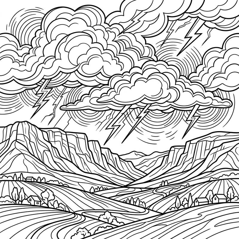 Dive into the raw beauty of a thunderstorm with this engaging coloring page designed specifically for seniors. Featuring majestic mountains, serene valleys, and powerful storm clouds, it offers clear outlines for an enjoyable and relaxing creative experience.