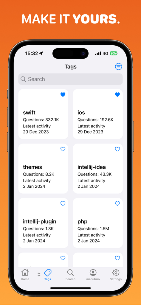 Crew - Stack Overflow Code Q&A - iPhone screenshot of the Crew app showing a list of Stack Overflow tags like Swift and iOS with question counts and latest activity.