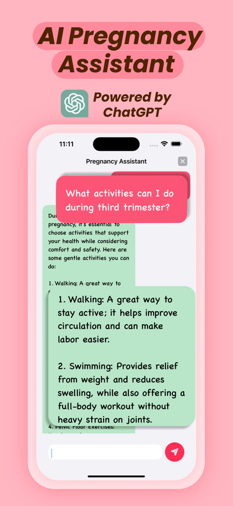 Track My Pregnancy Due Date AI - AI pregnancy assistant chat interface powered by ChatGPT providing advice on third trimester activities
