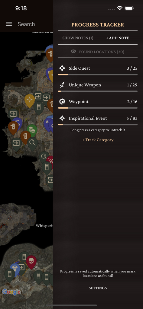 MapGenie: BG3 Map - Suivi de progression de l'application MapGenie BG3 montrant les quêtes secondaires et l'état d'achèvement des armes uniques sur la carte du jeu