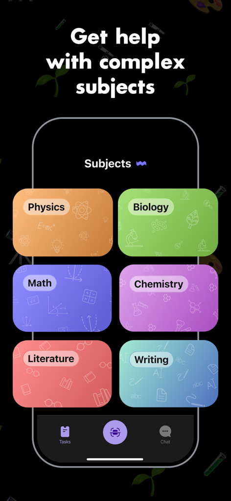 Homework Helper: Scan & solve - Interface de l'application Aide aux devoirs montrant un menu de matières incluant Mathématiques, Physique et Chimie.