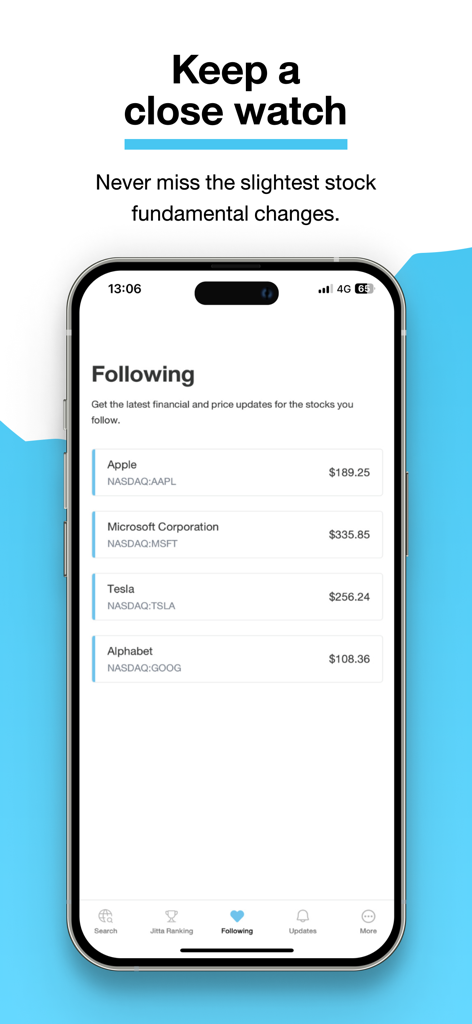 Jitta: Value Investing Intel - Pantalla de la lista de seguimiento de acciones de la aplicación Jitta que muestra actualizaciones de precios para empresas como Apple y Microsoft