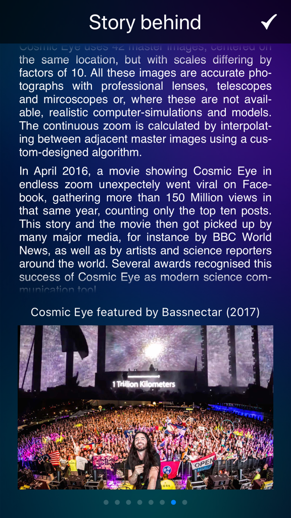 Cosmic Eye - Screenshot of the Cosmic Eye app Story behind page showing its viral success and feature at a Bassnectar concert.