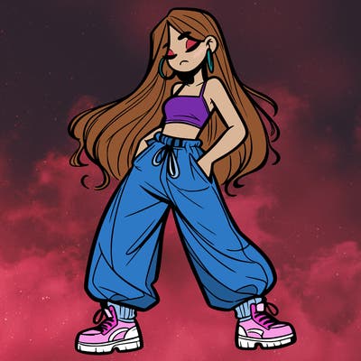 girl in baggy pants crop top and long hair