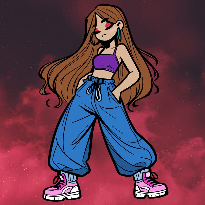 girl in baggy pants crop top and long hair