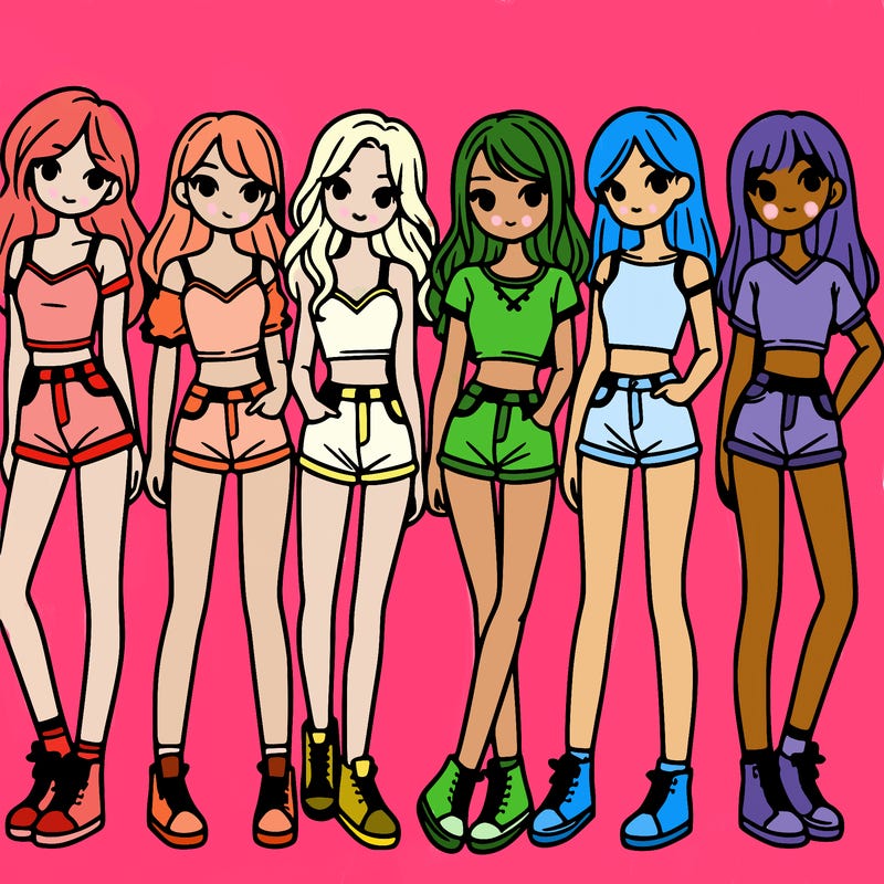a group of girls wearing crop tops and shorts