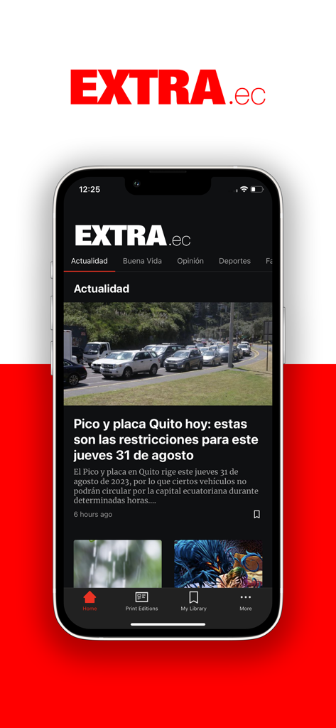Interfaz de la aplicación móvil Diario Extra mostrando noticias actuales de Ecuador