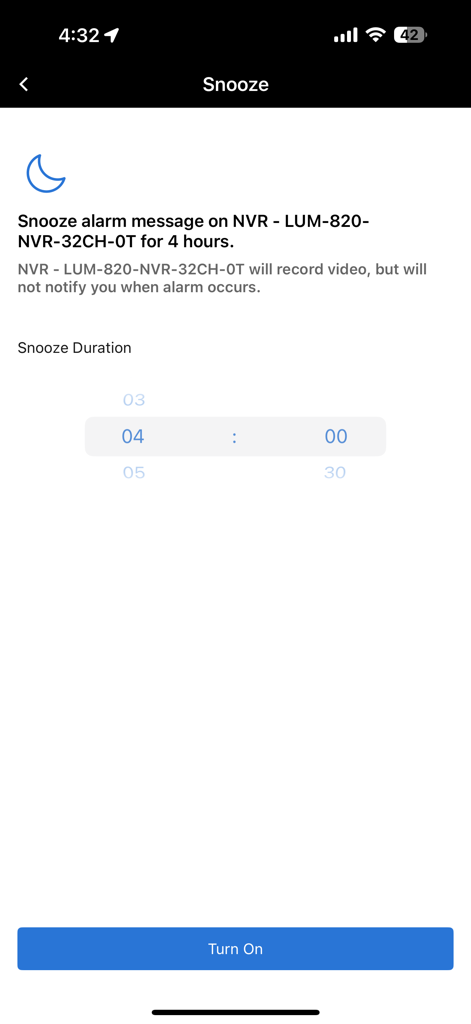 Snooze alarm notification settings screen with duration picker and turn on button in the Luma View app.