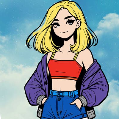 a realistic girl with a crop top and short shorts in an open jacket