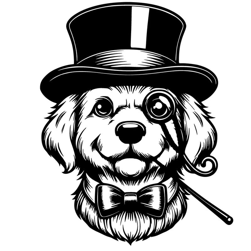 realistic dog which top hat and golden monocle