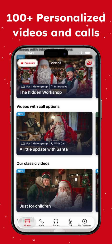 Call Santa Claus with PNP - Interface of the Portable North Pole app displaying various personalized Santa video and call options