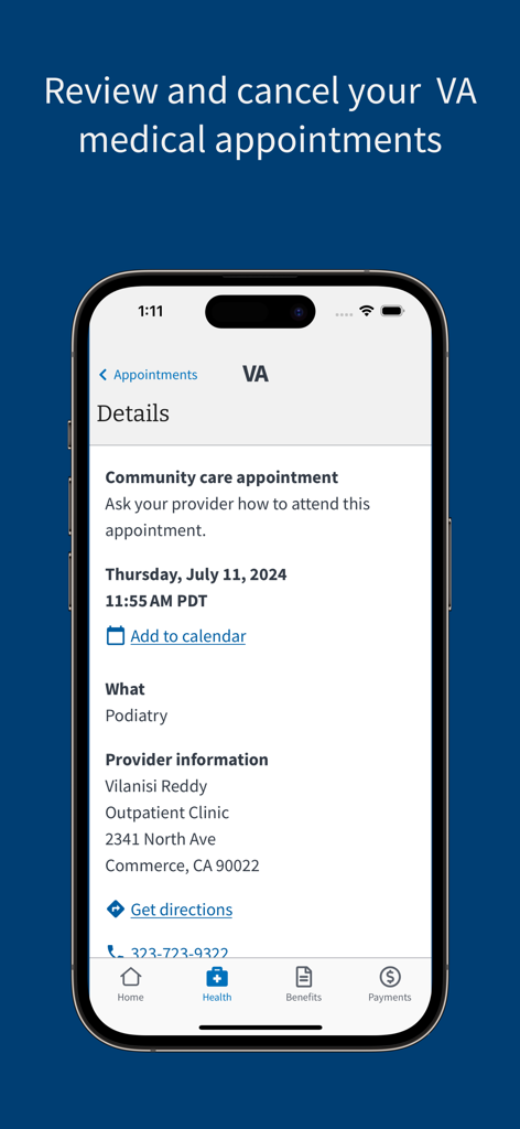 Screenshot der VA Health and Benefits App mit Details zu einem medizinischen Termin, einschließlich Anbieterinformationen und Standort.