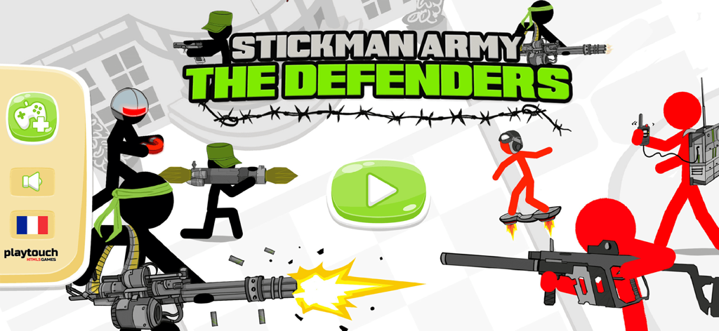 Stickman Army : The Defenders - Main menu of Stickman Army The Defenders featuring various stickman military units and a play button