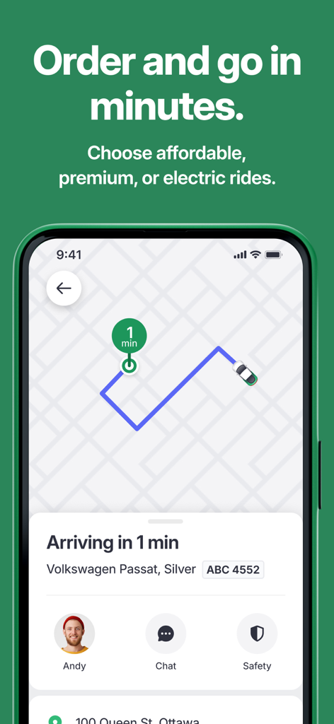 Hopp: Get a Ride - Mobile app interface of Hopp showing a car arriving in one minute with real-time map tracking and driver information